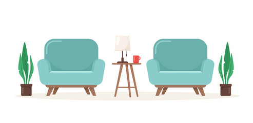 Two cute modern armchairs with a table and a lamp. Vector illustration in flat cartoon style.