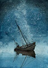 Watercolor illustration of a grounded ship with a night sky strewn with stars and their reflection in sea water