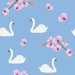 Seamless vector illustration with swans and orchids © Nadezhda
