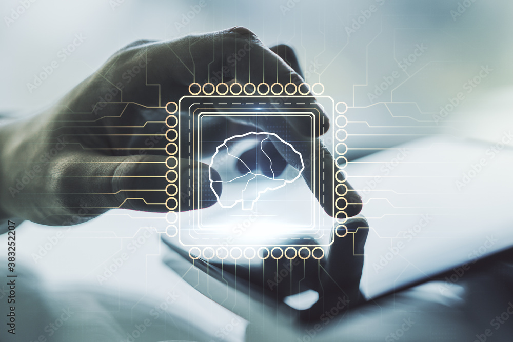 Poster double exposure of creative human brain microcircuit and hand working with a digital tablet on backg