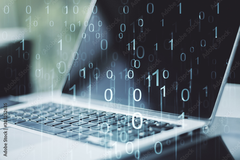 Poster creative concept of binary code illustration on modern laptop background. big data and coding concep