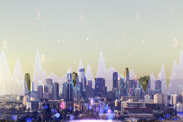 Double exposure of abstract creative statistics data hologram on Los Angeles office buildings background, analytics and forecasting concept