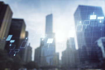 Double exposure of abstract financial graph on office buildings background, forex and investment concept