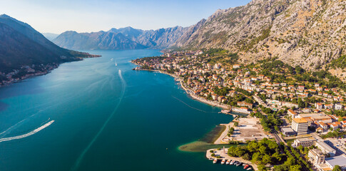 Fototapeta premium Aerial View of Kotor bay, Montenegro. Drone aerial panorama