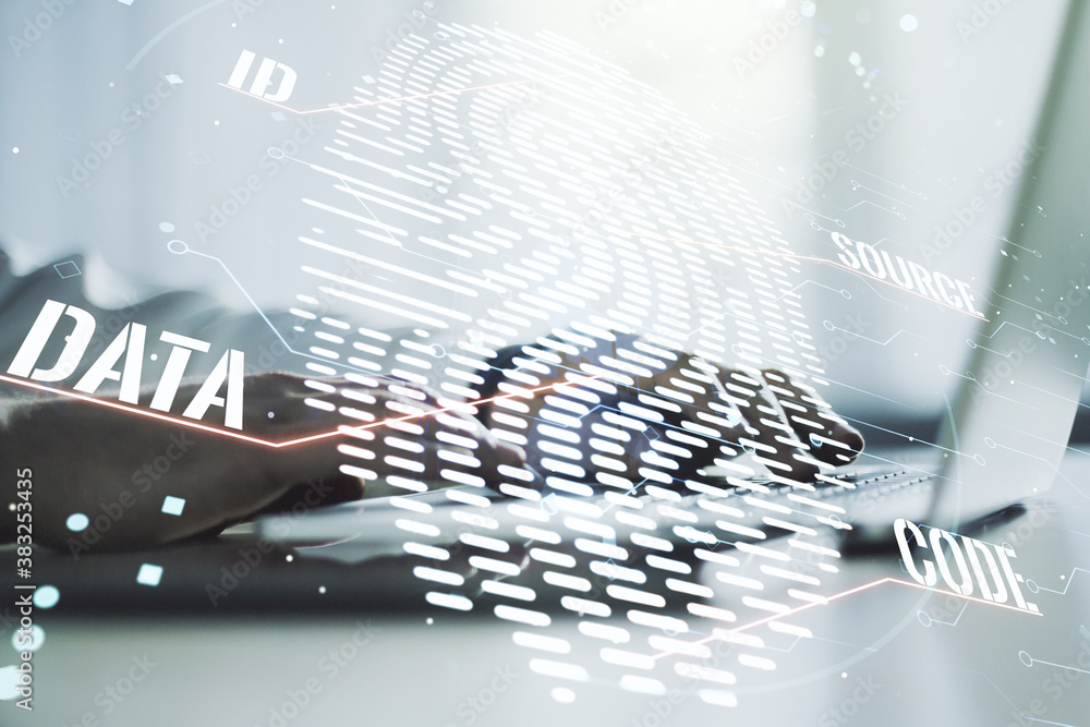 Poster double exposure of abstract creative fingerprint hologram with hands typing on laptop on background,