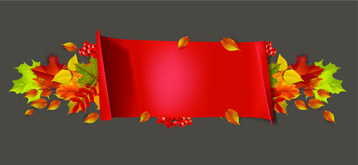 Greetings and gifts for the autumn and autumn season concept. Autumn background, poster and banner template with colorful autumn leaves.