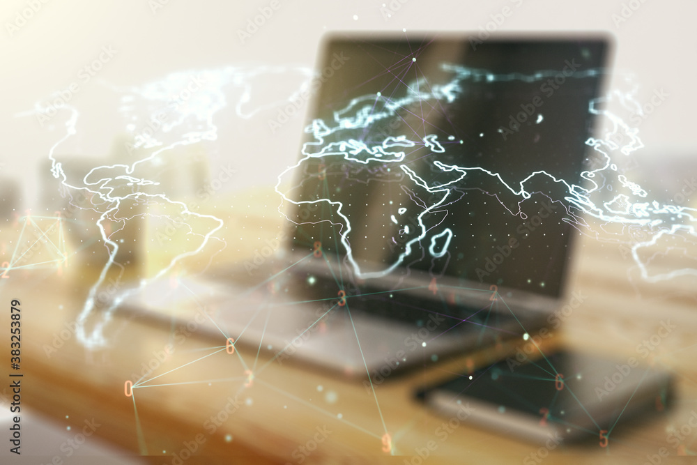 Poster abstract creative world map and modern desktop with computer on background, international trading co