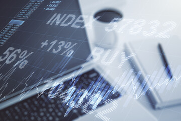 Multi exposure of abstract creative financial chart on computer background, research and analytics concept