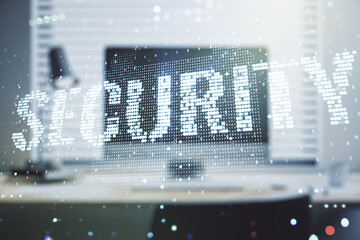 Cyber security creative concept on modern laptop background. Double exposure