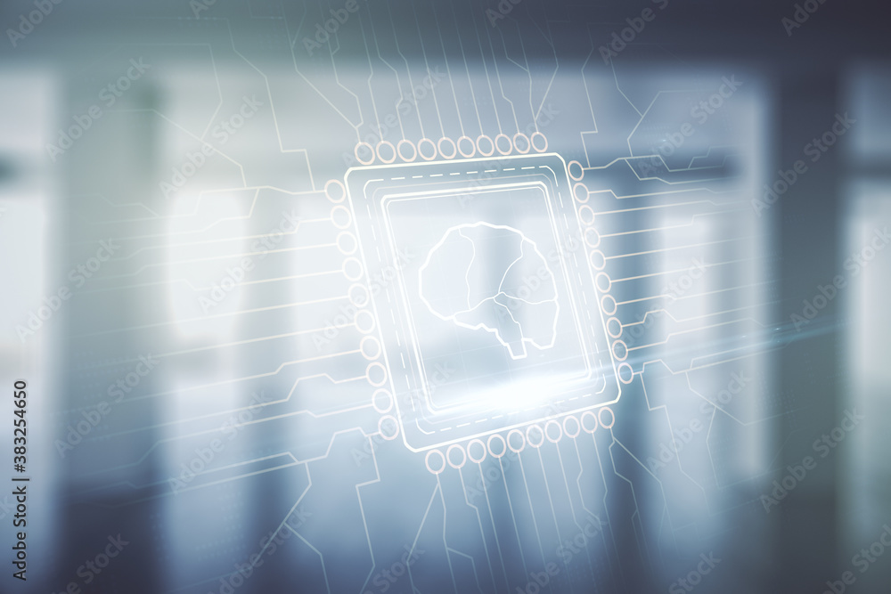 Poster double exposure of creative artificial intelligence interface on empty modern office background. neu