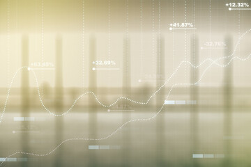 Double exposure of abstract creative statistics data hologram on empty room interior background, analytics and forecasting concept