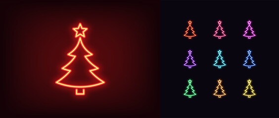 Neon Christmas tree with star, glowing icon. Neon New Year tree silhouette, outline Christmas tree