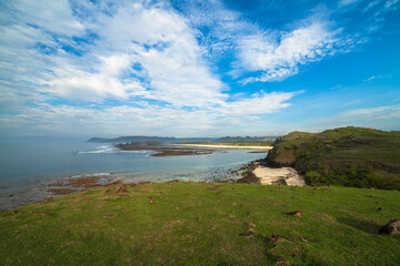 Sunny view on kuta beach from the bukit merese, lombok, Indonesia 