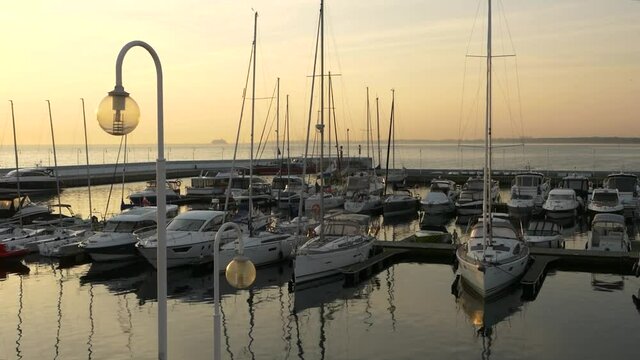 Yachts and boats docked at the harbor Molo of Sopot. Poland