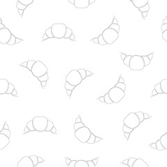 Chocolate line croissant seamless pattern. White background with linear croissant icon. Vector illustration.