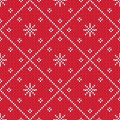 Red winter holiday knitted diamond pattern. Christmas seamless vector pattern with knitted texture. Cute festive background with snowflakes and stars.