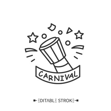 Carnival drum line icon. Djembe drum, Brazilian samba batucada drum.Carnival music. Annual samba festival, masquerade in Rio de Janeiro.Brazilian carnival.Isolated vector illustration.Editable stroke 