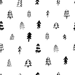 Seamless vector pattern with hand drawn Christmas trees. Doodle ink trendy background