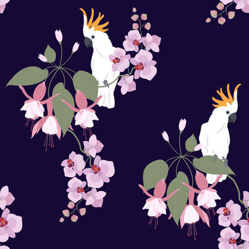 Seamless vector illustration with flowers fuchsia, orchid and white parrot
