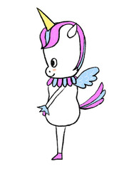 ピンクと水色の恥ずかしがり屋のユニコーンの横から見た立ち姿