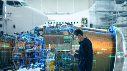 High-Tech Futuristic Technology Concept: Visualization Of Futuristic Airplane Engine Maintenance Conducted by Engineer Holding Digital Tablet Computer. Animation of Analytics Checking of Plane Turbine - Powered by Adobe