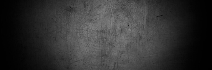 Old wall texture cement dark black gray panorama background abstract grey color design are light with white gradient background.