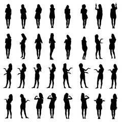 Collage of silhouettes of young woman in bath towel presenting, inviting and using touch screen. Easy editable layered vector illustration. 