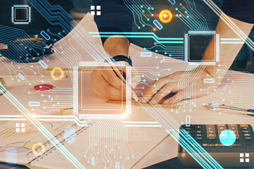 Writing Man hands with data theme multi exposure icons.