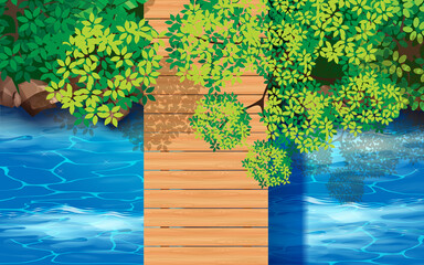 topview wooden bridge on the river in the forest