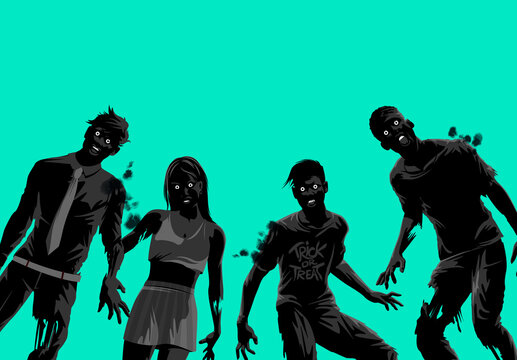 A group of hungry and dangerous zombie characters out hunting. Vector illustration