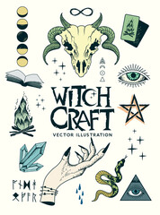 Occult witchcraft signs and symbols with charms, spells and runes. including ram skull, witch hands and crystals. Vector illustration.