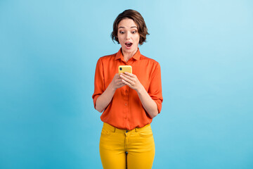 Photo of attractive shocked lady bobbed hairdo good mood chatting telephone friends read post...