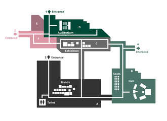 Vector editable floor plan with fields for logos or titles isolated on a white background. Suitable as a map of campus, office, production hall, festival, shopping mall, workplace, event, and more.