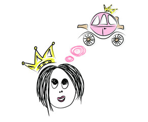 Black and white vector illustration. A girl with a schematic representation of her dreams. Thoughts of a royal carriage and a storytale about Cinderella. Quick sketch of a female face in comic style.