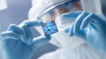 Futuristic Technology Concept: Engineer in Sterile Coverall Holds Computer Microchip with Gloves and Examines it. CPU Processor Digitalization with Data Lines Form Artificial Intelligence Symbol - Powered by Adobe