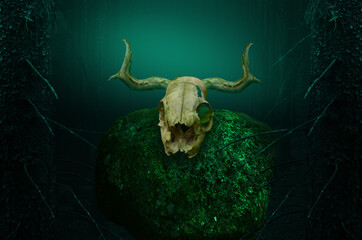 Horny skull on mossy rock in dark blue mysterious forest framed by fir trees. Shamanic pagan ritual. Halloween background
