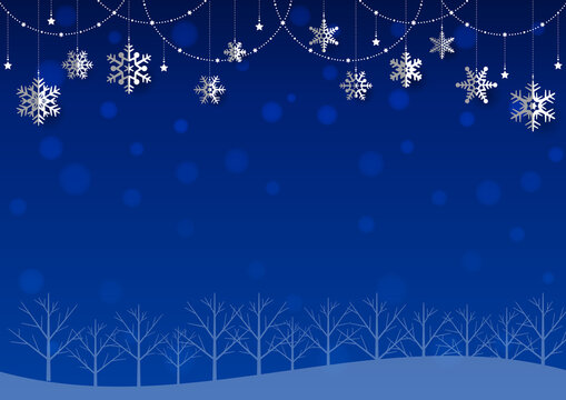 キラキラ☆クリスマスツリーと雪の結晶オーナメントのシンプルな風景 青