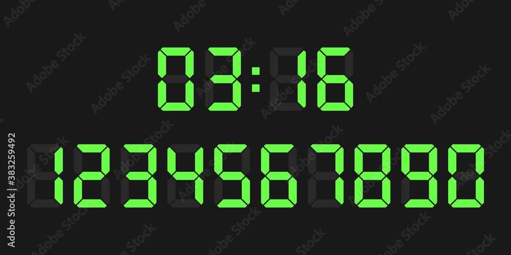 Poster digital clock and a set of numbers on a black background. electronic figures. digital glowing number