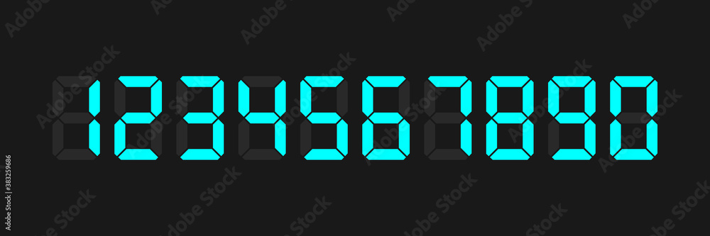 Poster digital clock and a set of numbers on a black background. electronic figures. digital glowing number