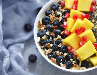 Fresh smoothie bowl with mango ,blueberries and Chia seeds