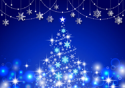 キラキラ☆クリスマスツリーと雪の結晶オーナメントのシンプルな風景 青