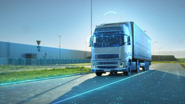 Advanced Technology Concept: Big White Semi-Truck with Cargo Trailer Drives on the Road is Transformed with Graphics and Special Effects Into Digital Twin Futuristic Concept of Autonomous Vehicle