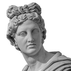 Portrait of a plaster statue of Apollo isolated on white