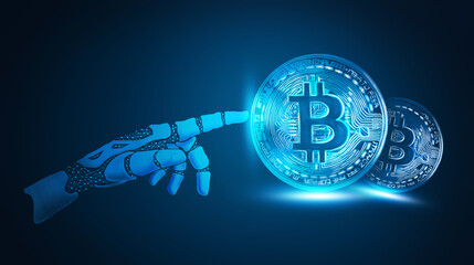 robot working with bitcoins 3d illustration