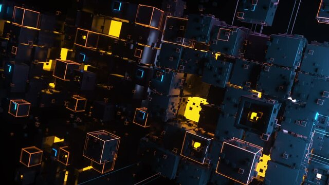 Moving conglomerate of blocks. Abstract technology background. 3D animation