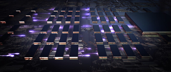 Obraz premium Printed circuit board futuristic server/Code processing in circuit board abstract server. Data moves in the form of moving lines. The movement and processing of data inside a server or computer.