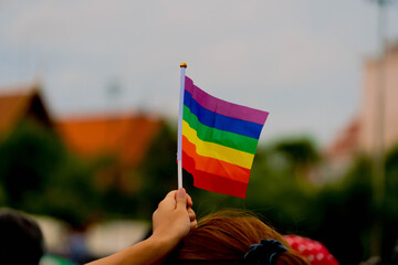 LGBTQ rainbow flags holding in hand