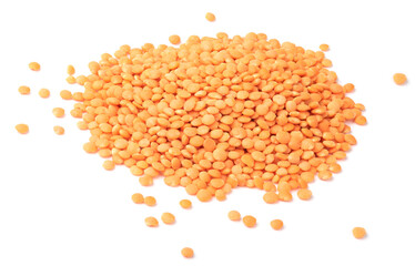 Red lentils on a white background