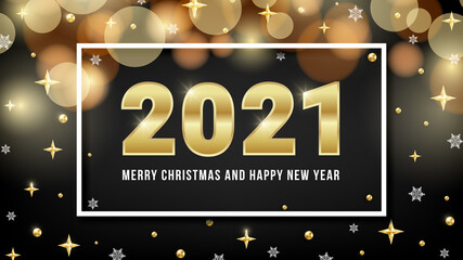 2021 Merry Christmas and Happy New Year greeting card design with golden numbers, bokeh, gold beads, shiny stars and snowflakes on black background. Vector illustration for web, xmas banner, mail