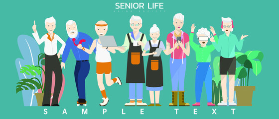 Vector illustration - Group of elderly old people with many career and activity.